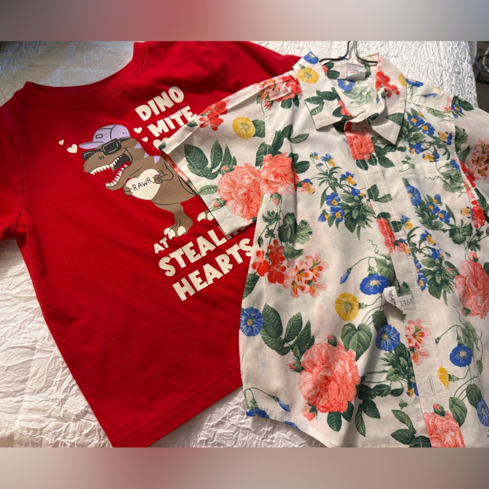 Pressed Floral Summer Hawaiian collared T. button down and red Dino mite Tshirt
